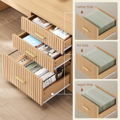 SEDETA Fluted L Shaped Standing Desk with Storage for Home Office, Oak