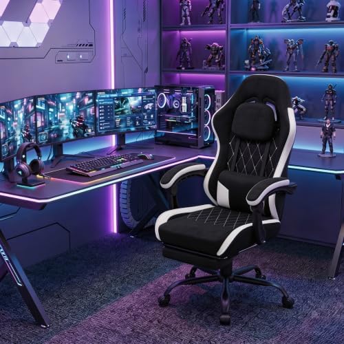 Gaming Chair for Adults, Fabric Gaming Chair with Footrest and Pocket Spring Cushion, Ergonomic Gamer Chair with Lumbar Support, Reclining Computer Gaming Chair with High Back (Black)