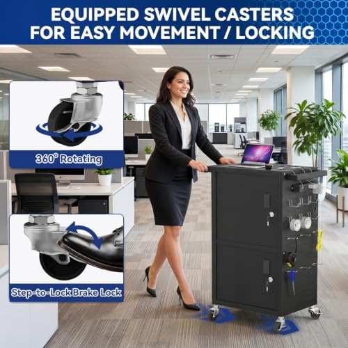 Mobile AV Cart Heavy Duty Computer Cart with 2 Locking Cabinets Rolling Media Cart with Outlets Pegboard Hooks Lock Brake Wheels Mobile Computer Workstation Perfect for Home Office
