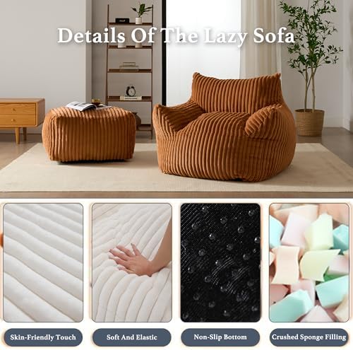 Gericco Oversized Bean Bag Chaise Lounge Chair with Ottoman for Adults