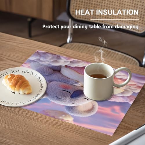 Koala Marshmallow Dreamy Placemats, Cute On Sweet Cloud Place Mats for Dining/Kitchen Table Waterproof Washable Linen Heat Insulation Dinner Table Mats 12X18 in 6 Pcs