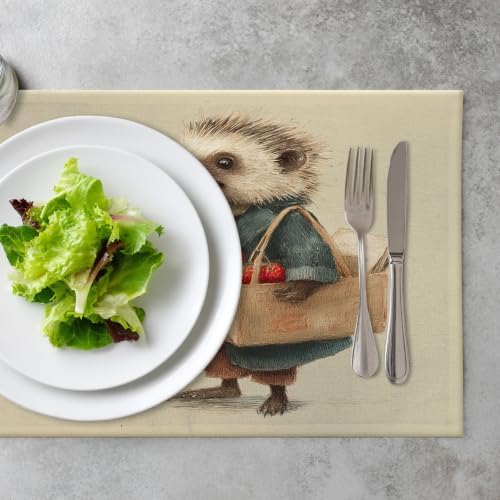 Hedgehog Delivery Berry Placemats, Carries Bags Place Mats for Dining/Kitchen Table Waterproof Washable Linen Heat Insulation Dinner Table Mats 12X18 in 6 Pcs