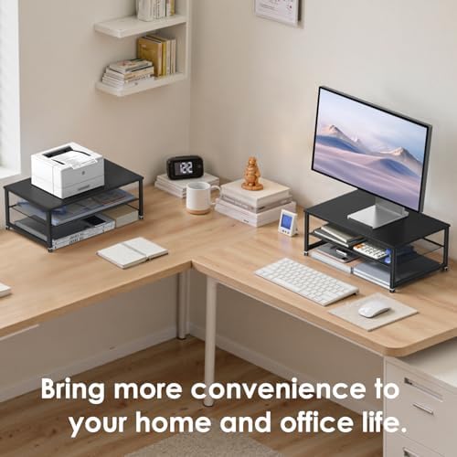 ECOLOVI 2-Tier Computer Monitor Stand Riser, Printer & Laptop Stand, Office Desk Accessories, Workspace Desk Organizer for Home Office Supplies, Black