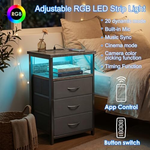 Fixwal Night Stand with 3 Fabric Drawers, Nightstand with Charging Station
