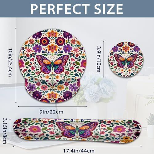 Keyboard Wrist Rest Pad Ergonomic Mouse Pad Set,Vintage Floral Butterfly 3 in 1 Memory Foam Mouse Pad with Non Slip Base for Office and Home