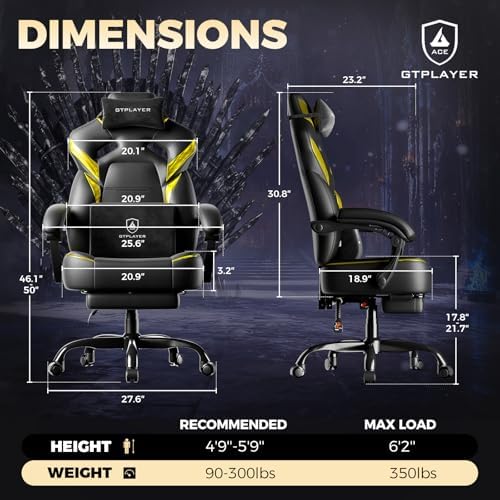 GTPLAYER Big and Tall Gaming Chair for Adults, Ergonomic Office Chair with Footrest, Heavy Duty 350 lbs Capacity, High Back, Premium Leather & Iridescent Trim, ACE-Armor, Black & Yellow Trim