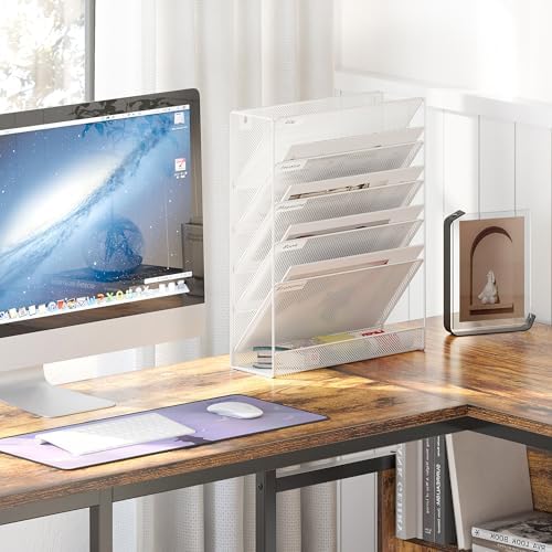 EasyPAG 5 Tier Wall File Holder, Mesh Hanging Folder Organizer with Classify Label, Versatile Desk File Holder, Vertical Wall Mounted Mail Organizer for Office Home Cubicle, White