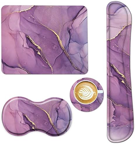AIMSA Keyboard Wrist Rest Support + Mouse Pad + Mouse Wrist Rest + Coaster, Ergonomic Memory Foam Anti-Slip Rubber Base 4 PCS Set Easy Typing Pain Relief, Purple Marble