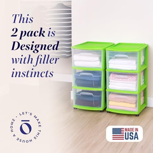 HOMZ Drawer Tower, 3-Tier Storage Cart with Removable Wheels, Lime, 2 Pack