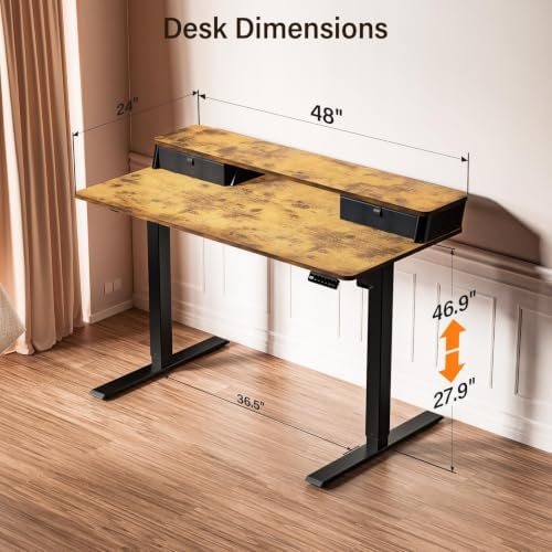 Kingant 48x24 Inch Electric Standing Desk with Dual Drawers, Rustic Brown