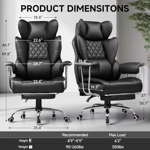 COMHOMA Big and Tall Office Chair, High Back Leather Gaming Chair with Footrest, Executive Ergonomic Office Chair with Pocket Spring Lumbar Support and with Outward Fixed Soft Armrests
