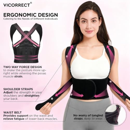 Vicorrect Posture Corrector for Women and Men: Adjustable Back Brace for Upper Back Support - Shoulder Neck Pain Relief - Lightweight Breathable Design (Black Small)