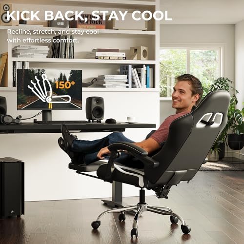 Dowinx Gaming Chair with Footrest, 330lbs Computer Chair 2D Lift Linkage Armrest, Massage Lumbar, Height Adjustable Ergonomic Comfy Video Game Chairs for Home Office Streaming, Long Gaming, White