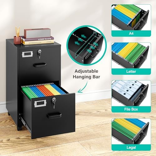 SISESOL 2 Drawer File Cabinet on Wheels,Metal Filing Cabinet with Lock,Black Rolling File Cabinets with Casters,Under Desk Office Cabinets for Home Office,Fit A4/Letter/Legal,Easy Assembly
