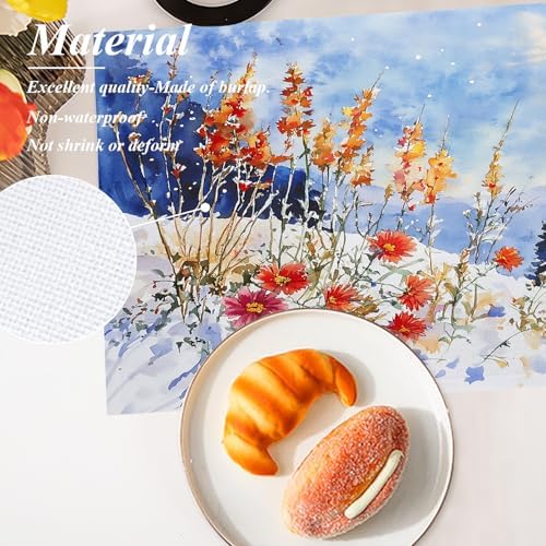 Shrahala Winter Flowers Landscape Set Of 4 12 X 18 Inch Linen Placemats , Red Orange Watercolor Poppies Burlap Table Mat Washable Double Layered Heat Insulation For Indoor/Outdoor
