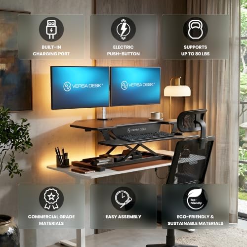 VERSADESK PowerPro 36 Inch Electric Corner Standing Desk Converter, Motorized Height Adjustable Sit-Stand Desk Riser, Dual Monitor & Laptop Workstation with Keyboard Tray, Cherry
