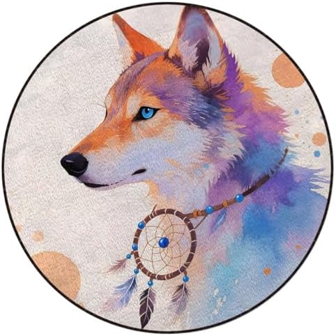 Wolf Watercolor Art Round Floor Mats for Office & Computer Desk Chairs, Decorative Animal Illustration Anti-Slip & Scratch-Resistant Rolling Chair Protector, Multicolor Diameter 47.2 in