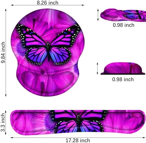 ARTSO Ergonomic Mouse Pad with Wrist Rest, Comfortable Keyboard Wrist Rest, Memory Foam Mousepad for Computer Keyboard, Mouse Pad Set for Easy Typing, Pain Relief, Purple Butterfly