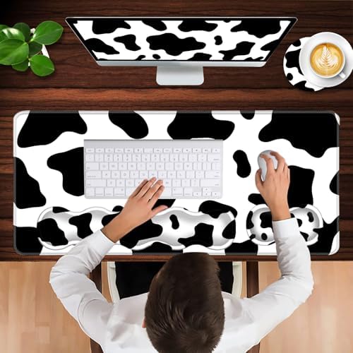 Keyboard Wrist Rest and Mouse Pad with Wrist Support Set Ergonomic Coaster,Memory Foam,Easy Typing Pain Relief,Large XL Desk Mat 31.5"x 11.8",Cow Print