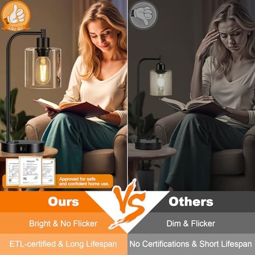 Industrial Touch Control Table Lamps Set of 2 - Black Bedside Lamps with 2 USB Ports and AC Outlet, 3-Way Dimmable Nightstand Desk Lamps for Bedroom Living Room, Glass Shade & 2 LED Bulbs Included