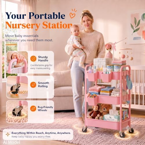 3 Tier Rolling Cart Metal with Lockable Wheels,Pink Baby Diaper Caddy Carts