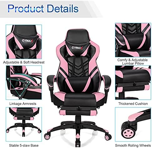 GYMAX Gaming Chair, Ergonomic Computer Chair with Footrest, Linkage Armrests & Lumbar Cushion, Big Wide High Back Video Gaming Chair, Reclining Office Rolling Chair for Adult/Teens (Pink)