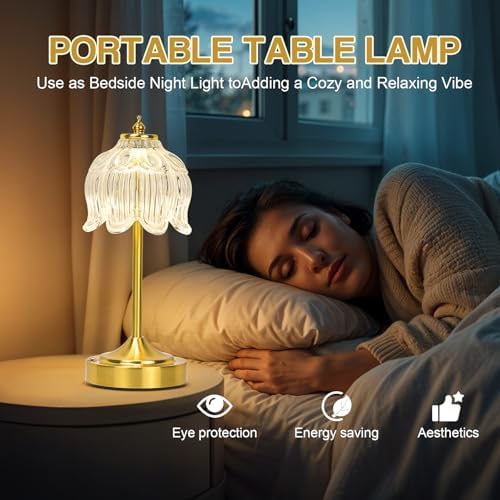 Cordless Table Lamp, Rechargeable Clear Glass Lotus Flower Lamp