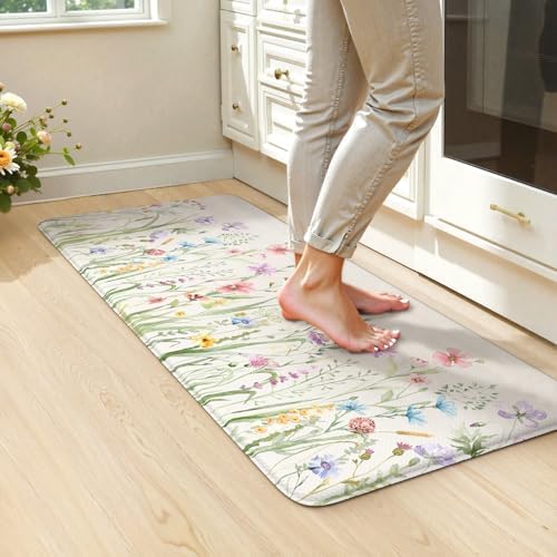 KIMODE Anti Fatigue Mats for Kitchen Floor,20"x39" White Floral Kitchen Rug
