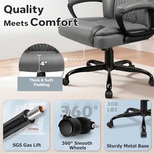 Executive Office Chair, Ergonomic High Back Desk Chair with Lumbar Support, Adjustable Big and Tall Computer Chair, 360° Swivel, PU Leather, Grey