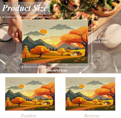 Shrahala Fall Season Countryside Village Set of 4 12 X 18 Inch Linen Placemats, Sunrise Sky Over Mountain Burlap Table Mat Washable Double Layered Heat Insulation for Indoor/Outdoor