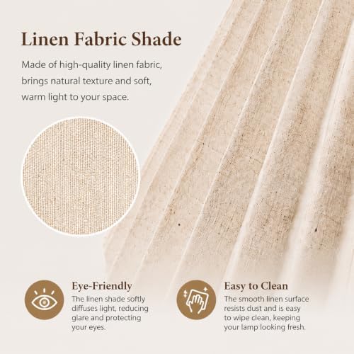 Warm & Cozy Bedside Table Lamp with 3-Color LED Bulb Included, Linen Shade Nightstand Lamp with Wood Grain Metal Base, Soft Eye-Caring Lighting for Bedroom Reading, Living Room, Dorm & Office