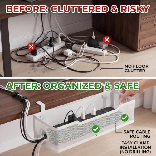 Under Desk Cable Management Tray, No Drill Cable Organizer for Desk, Metal Wire Management Basket with Clamp Mount, Cord Organizer Holder for Standing Desk, Home Office and Gaming Setup