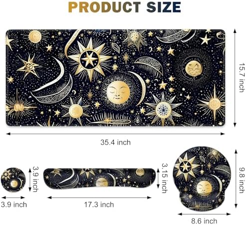 Gaming Mouse Pad, Large Desk Mat, Cute Desk Pad Protector, 4in1 XXL Mousepad + Keyboard Wrist Rest+Mouse Wrist Rest+Coaster Set with Ergonomic Desk Pad for Home Office PC Computer, Stars and Moon