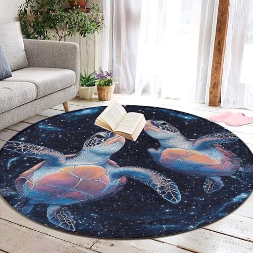 Machine Washable Modern Round Area Rug, Room Sofa Yoga Soft Round Carpet, Home Decor Non Slip Kitchen Office Circle Rug Trippy Space Sea Water Love Tortoise Turtle Art, 36inch
