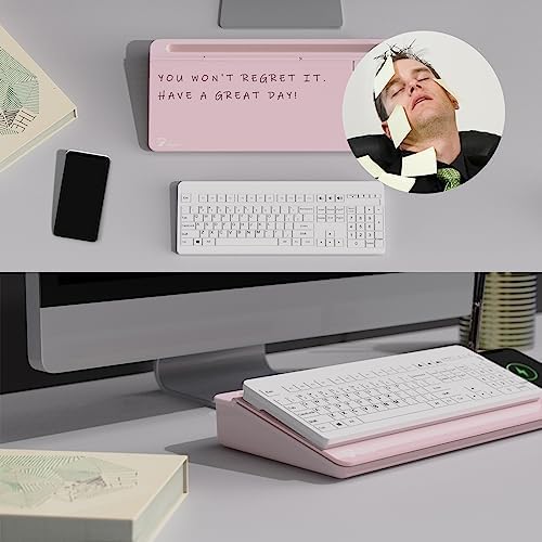 TOWON Glass Desk Whiteboard 17x6 in, Wireless Charger and Storage, Pink