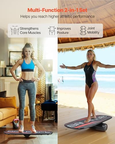 VEVOR Balance Board, 2-in-1 Wobble Board Trainer for Adults, Premium Wooden Balance Training Equipment, with Roller, Magnetic Stoppers, Storage Rack, for Core Workouts, Surf Trainer & Physical Therapy
