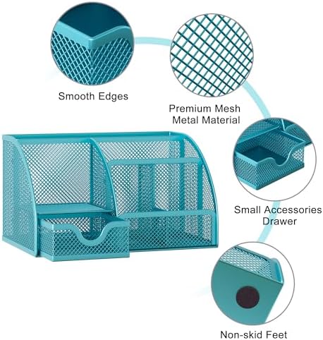 EasyPAG Mesh Desk Organizer with Drawer Multi-functional Pen Holder Stationery Organizer for Office School Supplies 6 Compartments Dorm Organizers and Storage for Desk, Blue