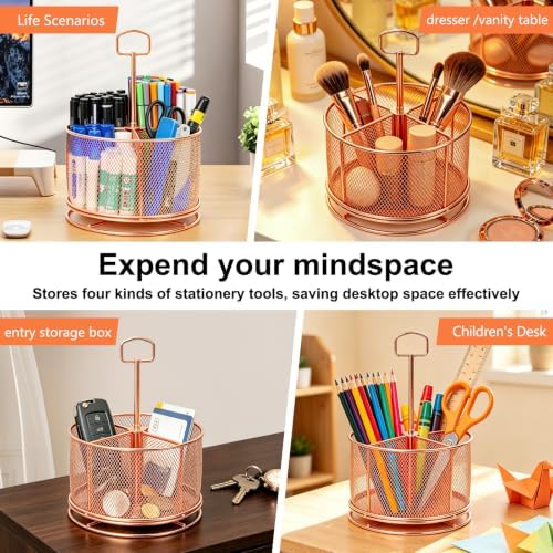 360 Degree Rotating Pen Holder for Desk (Rose Gold, with Handle)