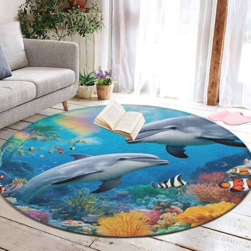 Room Sofa Yoga Soft Round Carpet, Home Decor Non Slip Kitchen Office Circle Rug, Machine Washable Modern Round Area Rug Blue Ocean Underwater World Dolphin Art, 24inch