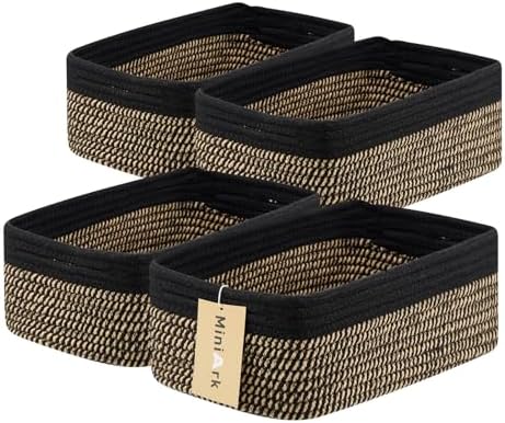 MiniArk Small Storage Baskets for Organizing | Closet Organizer Bins | Shelf Toy Basket | Woven Rope Baskets | Cube Decorative Box | Shallow Basket | 13x8.5x5.1” | 4 Packs Black Brown