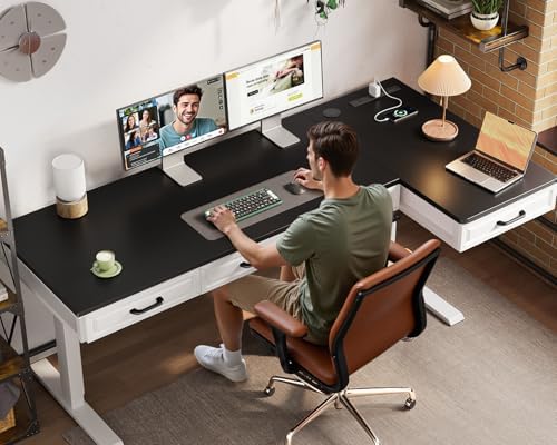 OffiGo 63 Inch L Shaped Standing Desk with 4 Wooden Drawers, White+Black