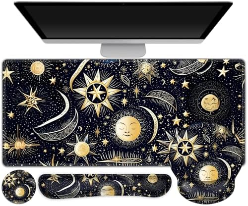 Gaming Mouse Pad, Large Desk Mat, Cute Desk Pad Protector, 4in1 XXL Mousepad + Keyboard Wrist Rest+Mouse Wrist Rest+Coaster Set with Ergonomic Desk Pad for Home Office PC Computer, Stars and Moon