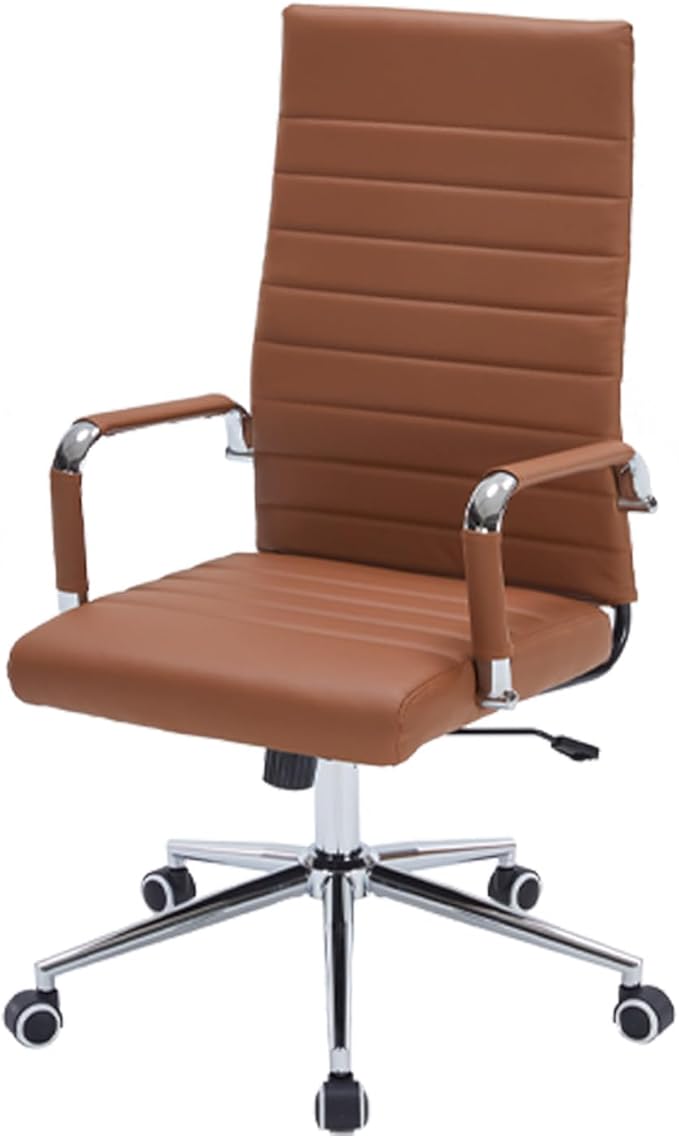 Brown Leather Ribbed Office Desk Chair, Ergonomic High-Back Executive Conference Room Chairs with Wheels, Adjustable Swivel Computer Task Chair with Arms and Thick Padded Seat