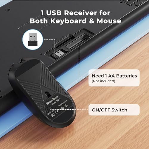 KOPJIPPOM Silent Wireless Keyboard and Mouse Combo - Keyboard with Large Print Cover, 2.4GHz Full-Sized Ergonomic Keyboard with Wrist Rest and Mouse for Laptop, PC, Notebook, Desktop