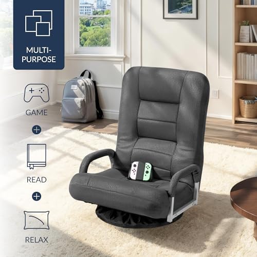 Best Choice Products Swivel Gaming Chair 360 Degree Multipurpose Floor Chair Rocker for TV, Reading, Playing Video Games w/Lumbar Support, Armrest Handles, Adjustable Foldable Backrest - Dark Gray