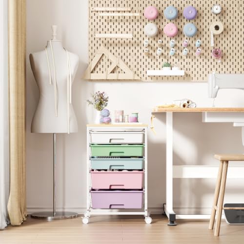 SYKIARIOL 5-Tier Rolling Cart with Drawers with Wooden Top, Ice Cream