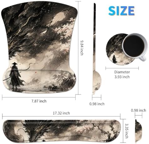 3-in-1 Ergonomic Memory Foam Keyboard Wrist Rest Pad Set, Sakura Dragon