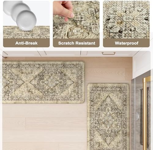 KIMODE Anti Fatigue Kitchen Mat, Boho Distressed Kitchen Rugs Sets of 2