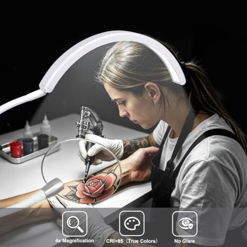Half Moon Desk Lash Light with 4X Magnifier, 2-in-1 Dual Arm Gooseneck Clamp Lamp for Eyelash Extension, Shadow-Free Esthetician Light, Adjustable Color & Brightness for Tattoo, Sewing, Crafts