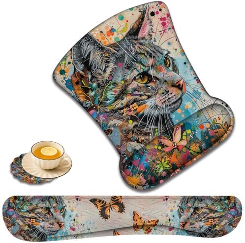 Keyboard Wrist Rest and Mouse Pad Wrist Support with Lace-Shaped Coaster Set, Ergonomic Gel Memory Foam and Anti-Slip Base, Easy Typing and Pain Relief - Kitty